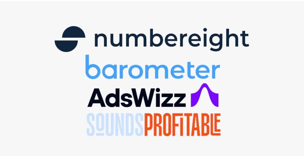 logos numbereight, barometer, adswizz, soundsprofitable